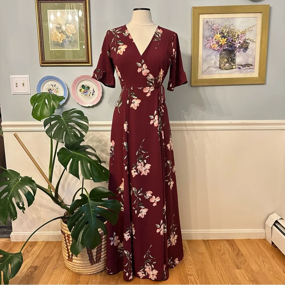Lulu’s September Sunsets Burgundy Floral Wrap Maxi Dress Small Boho Wedding - Picture 2 of 11